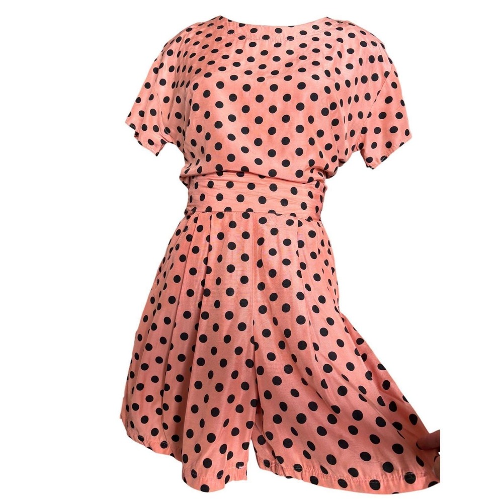 Polka Dot Wooga Shorts and Top Set w/ Sleeve Belted Pockets 90s S Peach Vintage - Picture 6 of 9